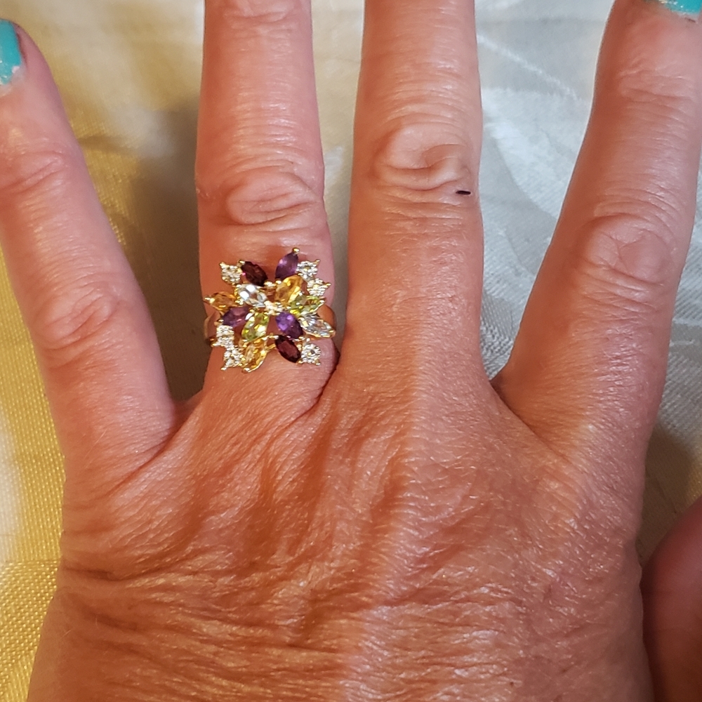 Authentic Gemstone Cluster ring 18K Gold over Sterling Silver size 5 - Picture 3 of 7